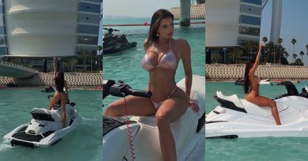 Justyna Gradek w MIKROSKOPIJNYM BIKINI "ujeżdża" skuter wodny, prując po Zatoce Perskiej (ZDJĘCIA)