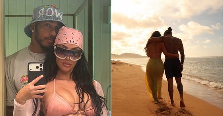 Zabujani Kim Kardashian i Lewis Hamilton spacerują objęci po plaży przy zachodzie słońca. Miłość aż kipi? (ZDJĘCIA)