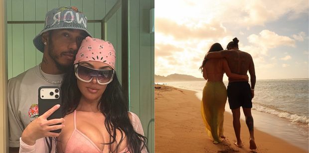 Zabujani Kim Kardashian i Lewis Hamilton spacerują objęci po plaży przy zachodzie słońca. Miłość aż kipi? (ZDJĘCIA)
