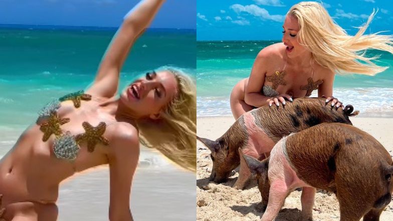 Caroline Derpienski zapozowała na Bahamach ze świniami