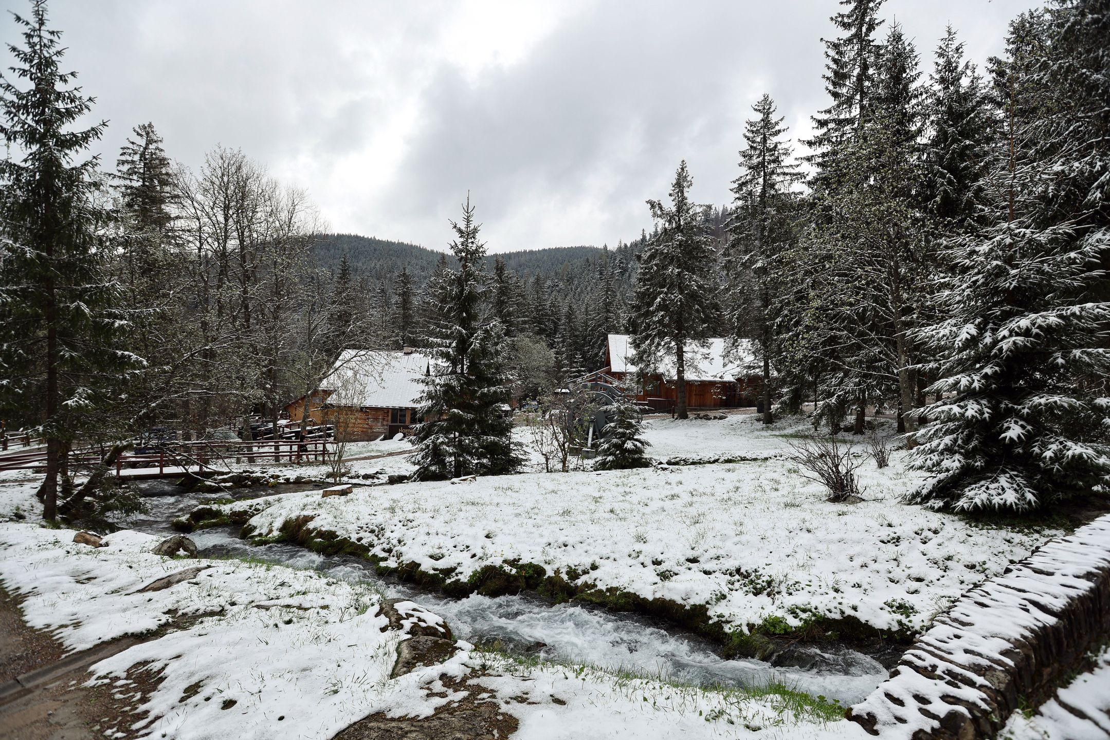 Zakopane, 18.04.2024. Śnieg w Zakopanem, 18 bm. W Tatry wróciła zima, na szczytach pada śnieg, a temperatura spadła tam do ok. minus 8 st. C. Obowiązuje pierwszy, niski stopień zagrożenia lawinowego. (sko) PAP/Grzegorz Momot