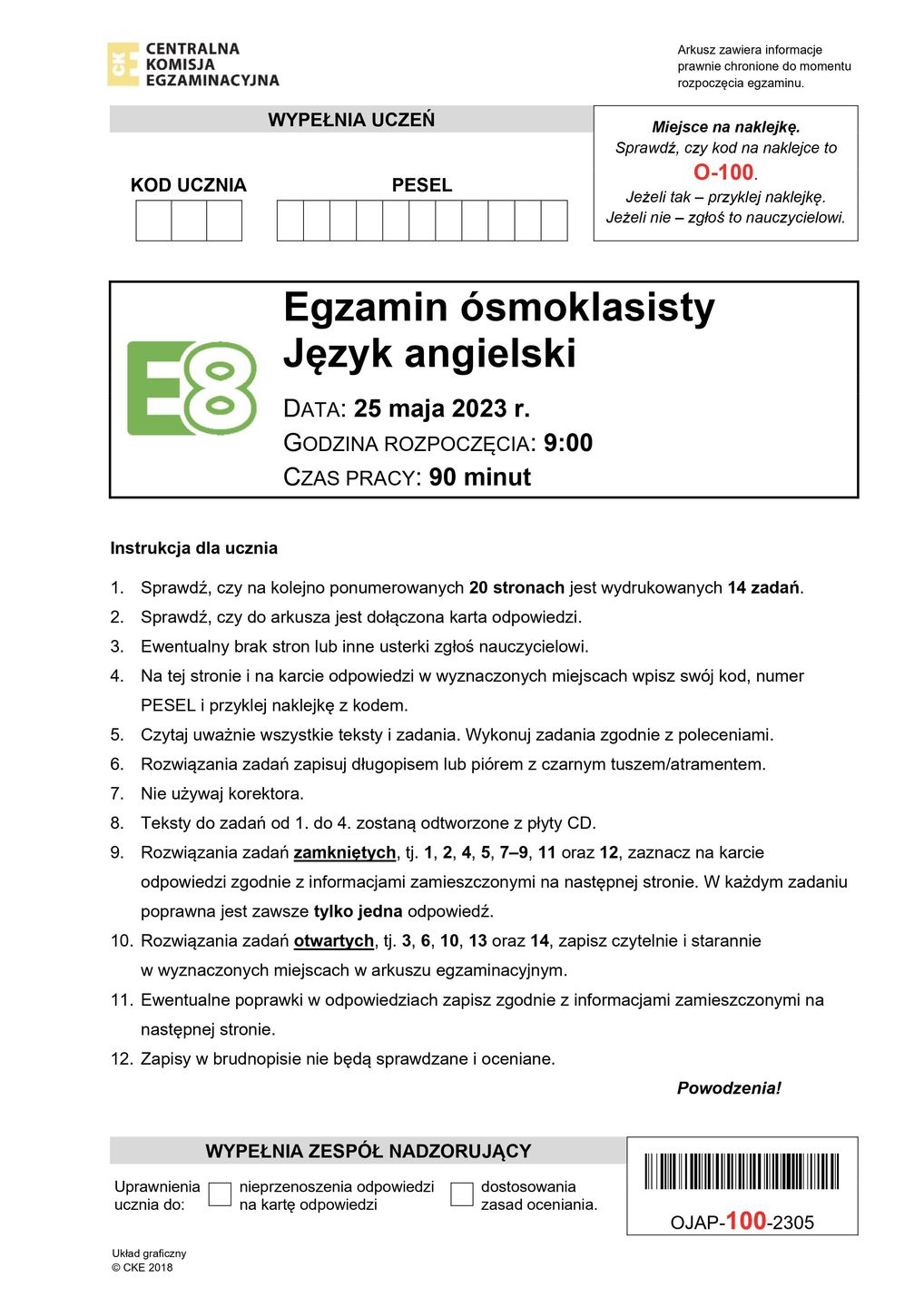 Egzamin ósmoklasisty. Arkusz z j. angielskiego