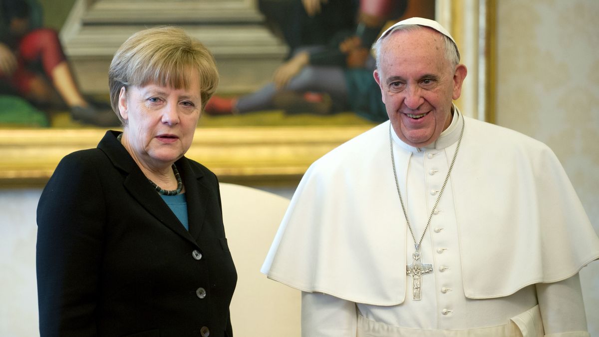 Pope Meets German Chancellor Angela MerkelVATICAN CITY, VATICAN - FEBRUARY 21: Pope Francis receives Chancellor Angela Merkel of Germany at the Apostolic Palace on February 21, 2015 in Vatican City, Vatican. This is a second time that German Chancellor Angela Merkel been granted a private audience with the Pope, where global poverty and climate change are expected to be discussed. (Photo by Vatican Pool/Getty Images)Vatican PoolReligion, Spirituality