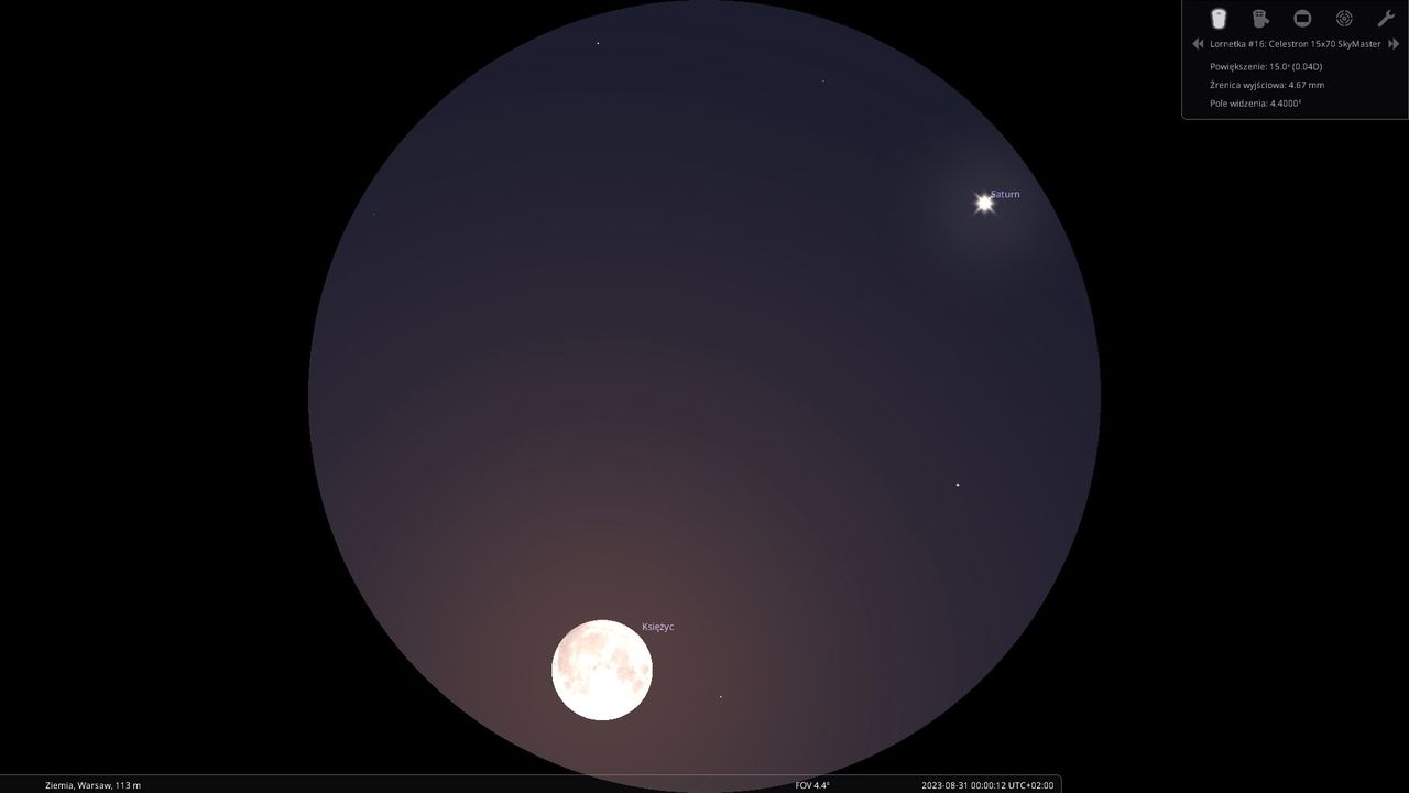 Księżyc i Saturn w polu widzenia lornetki o powiększeniu 15 razy