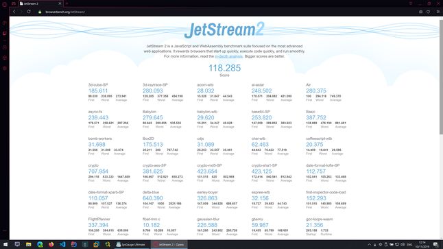 Opera GX - JetStream2 - Wynik: 118.285
