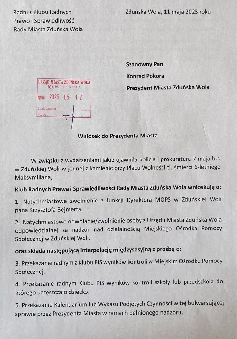 Klub miejskich radnych PiS w Zduńskiej Woli chce zwolnienia dyrektora opieki społecznej po śmierci 6-letniego chłopca