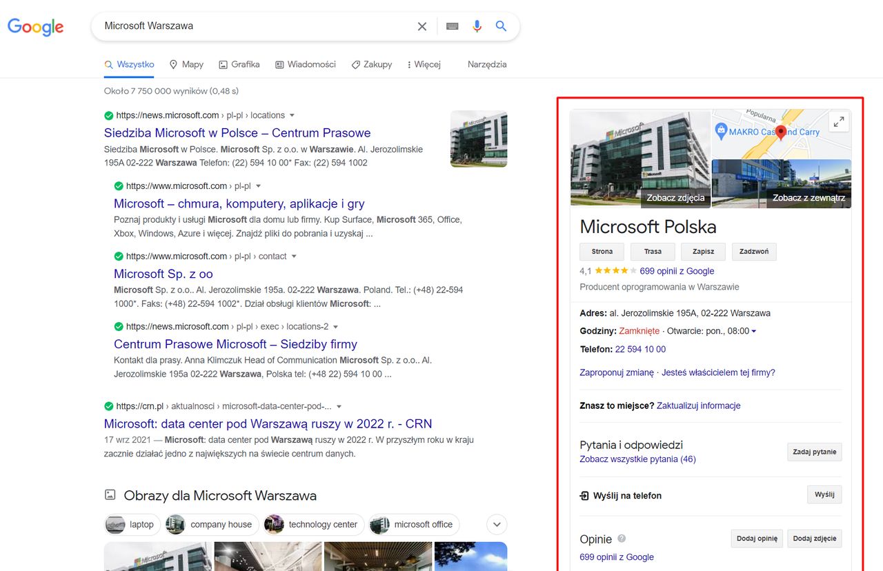 Przykładowa "wizytówka" w wyszukiwarce Google