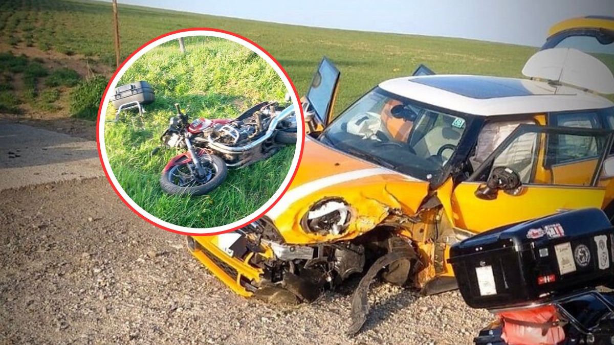 Czołowe zderzenie motocyklisty z samochodem