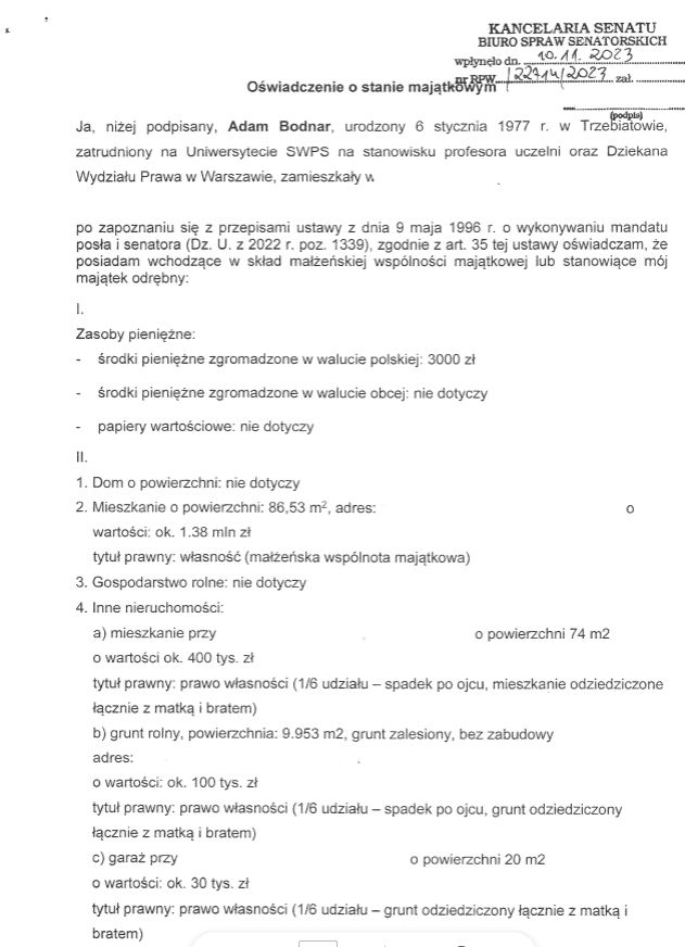 Oświadczenie majątkowe Adama Bodnara 