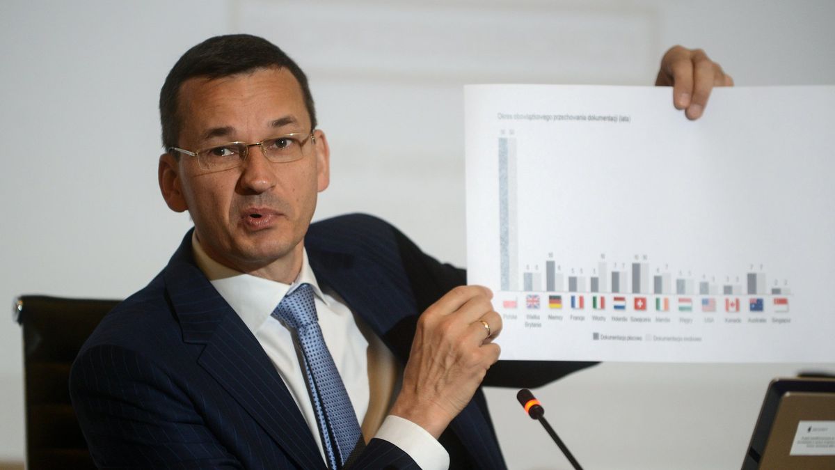 Wicepremier Mateusz Morawiecki prezentuje, jak długo firmy muszą przechowywać dokumentację kadrowo-płacową. Przedsiębiorcy z innych krajów nie muszą trzymać jej aż tak długo, jak polscy.