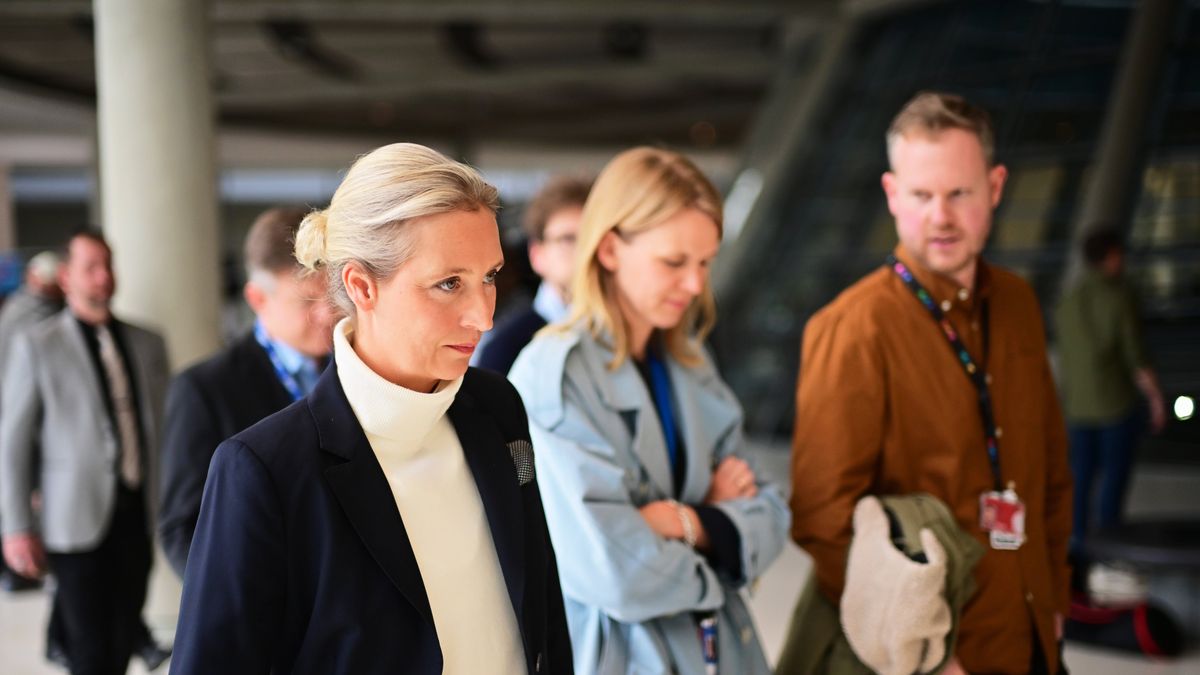 Coalition negotiations between CDU/CSU and SPD concluded
09 April 2025, Berlin: Alice Weidel (L), co-chair of the AfD parliamentary group, makes a statement after a press conference of the CDU/CSU and SPD party leaders to present the coalition agreement. Photo: Sebastian Christoph Gollnow/dpa 
Dostawca: PAP/DPA.
Sebastian Gollnow
---