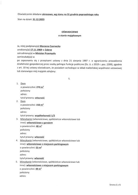Fragment oświadczenia majątkowego Marzeny Czarneckiej - minister przemysłu