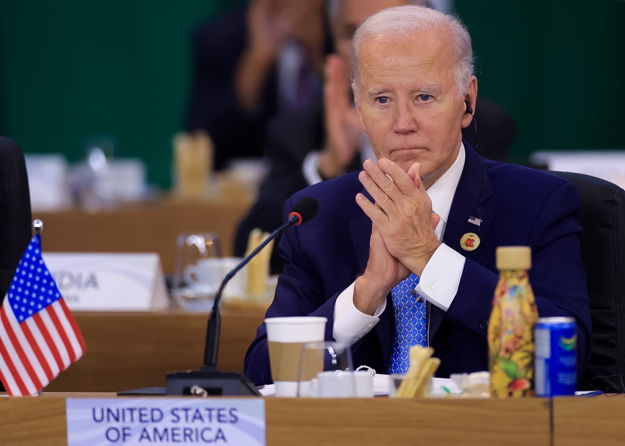 RIO DE JANEIRO, BRAZIL - NOVEMBER 18: Joe Biden president of The United States claps during the first working session as part of the G20 Summit 2024 at Museu de Arte Moderna on November 18, 2024 in Rio de Janeiro, Brazil. The 2024 G20 Summit takes place in Brazil for the first time. The event gathers leaders of the most important economies. Starvation, sustainable development or social inclusion are some of the issues to be during the summit. (Photo by Buda Mendes/Getty Images)