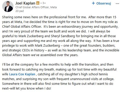 Joel Kaplan odchodzi z Mety