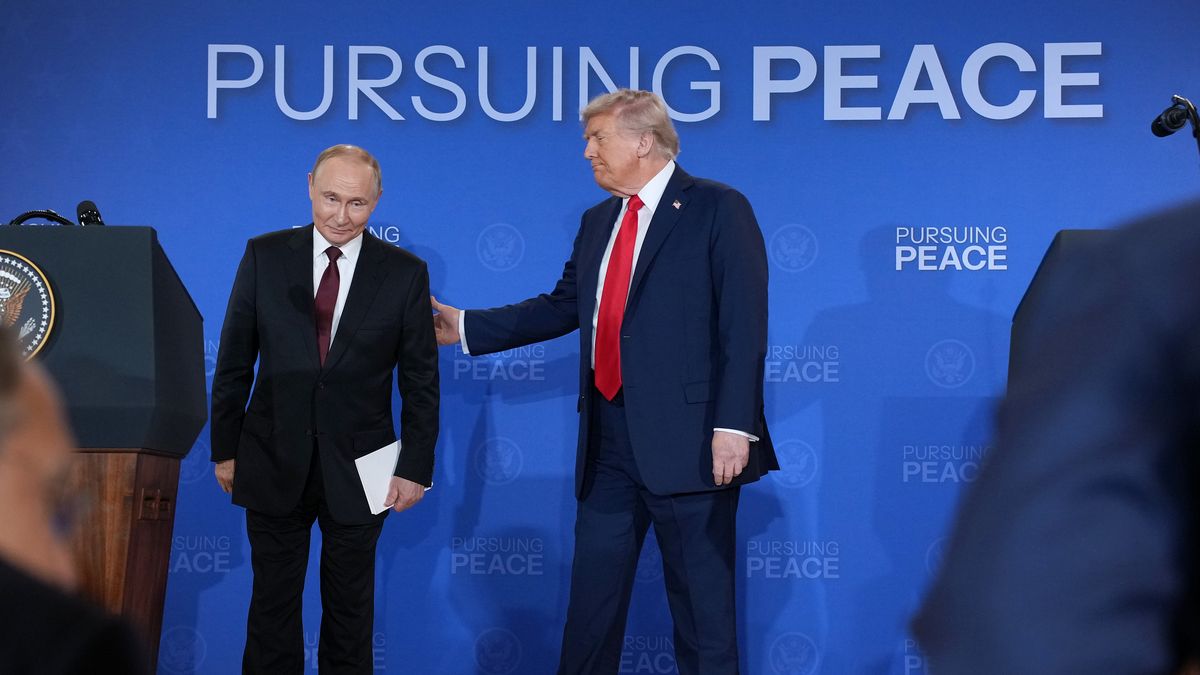 ANCHORAGE, ALASKA - AUGUST 15: U.S. President Donald Trump (R) and Russian President Vladimir Putin leave following a press conference at Joint Base Elmendorf-Richardson on August 15, 2025 in Anchorage, Alaska. The two leaders are meeting for peace talks aimed at ending the war in Ukraine. (Photo by Andrew Harnik/Getty Images)