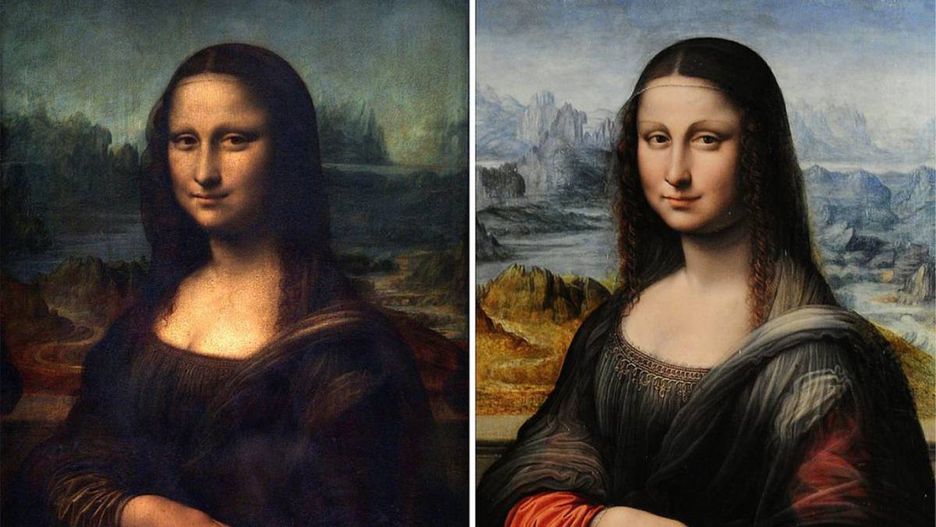 Oryginalna Mona Lisa i po prawej jej odrestaurowana kopia z z muzeum Prado. Uważa się, że kopia powstała pod okiem samego Leonarda