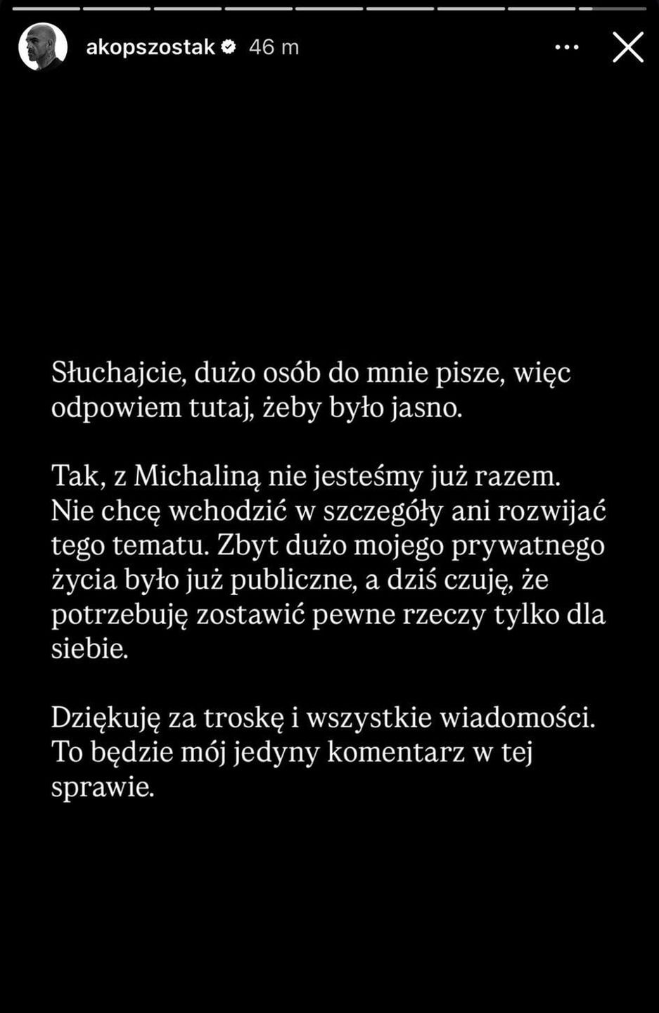 Wpis Akopa Szostaka o rozstaniu z narzeczoną