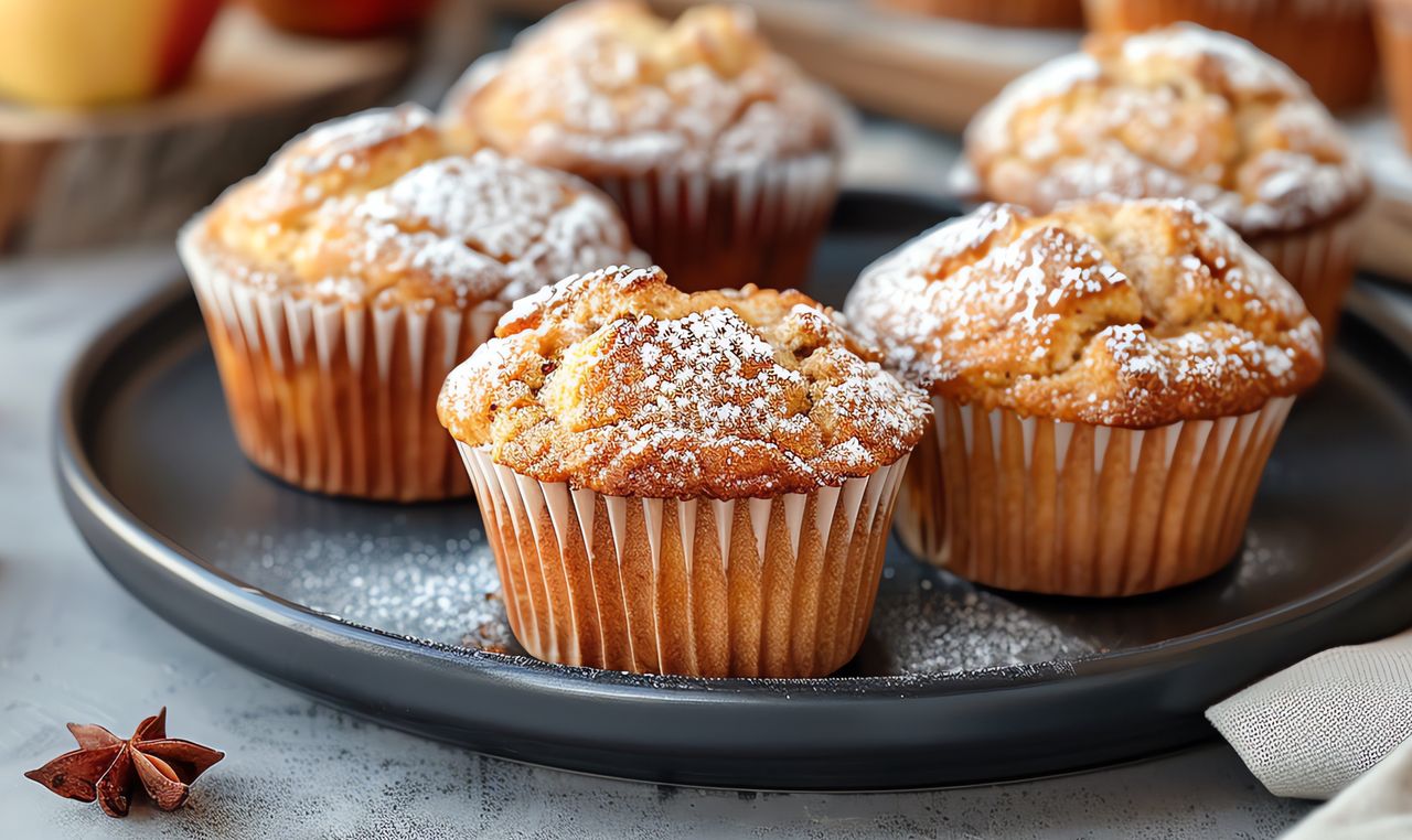 Cheesecake muffins can be sprinkled with powdered sugar.