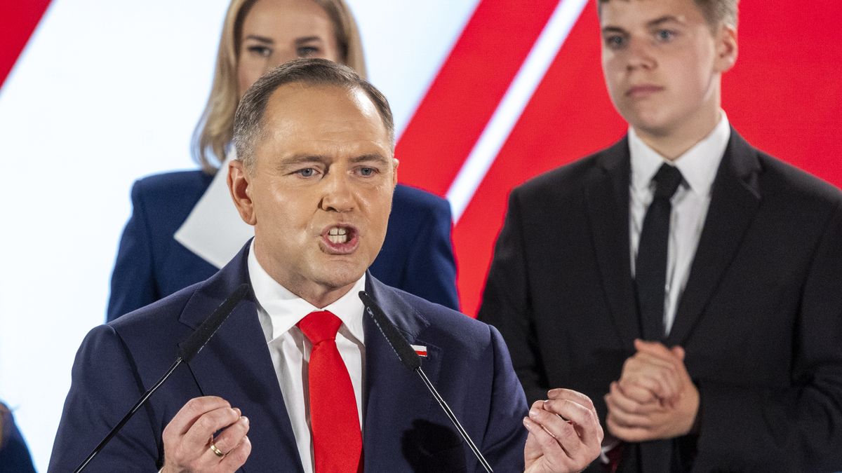 Polish presidential candidate Karol Nawrocki supported by the Law and Justice party after the second round of voting in Poland's presidential election during an election night  in Warsaw, Poland, 1 June 2025.
 (Photo by Andrzej Iwanczuk/NurPhoto via Getty Images)