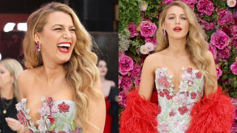 Blake Lively ZACHWYCA kreacją na premierze w Londynie. Gwiazda posyłała uśmiechy, pozując w kryształkach i "piórkach"