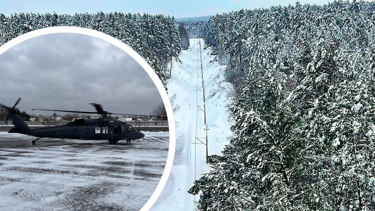 Policyjny śmigłowiec strąca lód i śnieg z linii kolejowych
