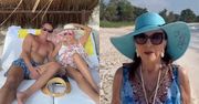 91-letnia Joan Collins w stroju kąpielowym relaksuje się u boku o 31 lat młodszego męża na plaży