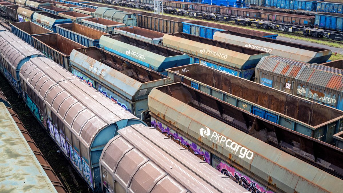 WARSAW, MAZOVIA, POLAND - 2025/07/28: A container wagon bearing the logo of PKP Cargo is seen from a bridge over the terminal. (Photo by Neil Milton/SOPA Images/LightRocket via Getty Images)