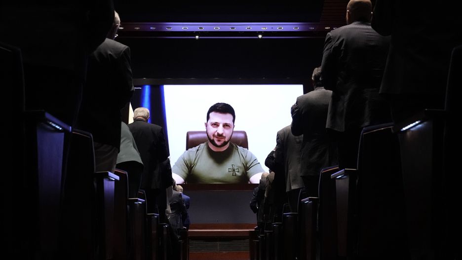 Volodymyr Zelenskiy, Ukraine's president, addressing members of Congress virtually at the U.S. Capitol in Washington, D.C., U.S., on Wednesday, March 16, 2022. Zelenskiy is making a rare wartime address by a foreign leader to both chambers of Congress, pleading with U.S lawmakers by video conference for more aid as Russian bombs reduce his cities to rubble. Photographer: Drew Angerer/Getty Images/Bloomberg via Getty Images
