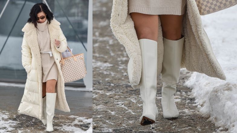 Katarzyna Cichopek w białych kozaczkach na śniegu