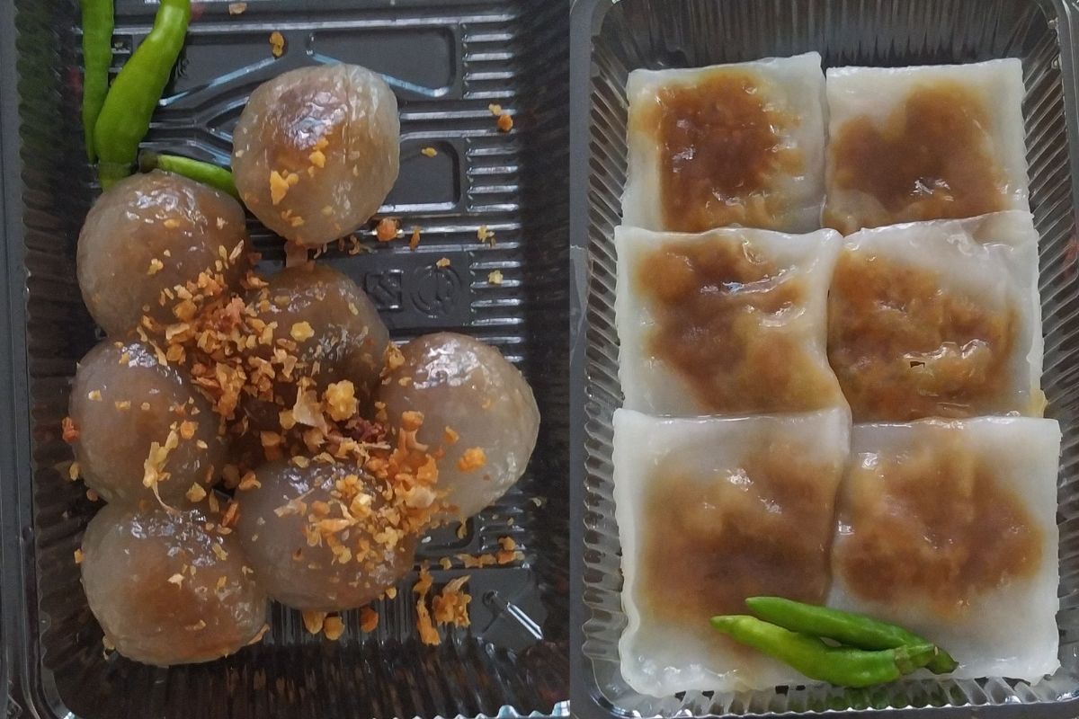 On the right: steamed dumplings with a sweet and salty filling; on the left: tapioca balls with sweet pork