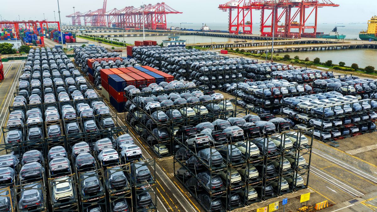 TAICANG, CHINA - MAY 13 2026: Aerial view of new cars loaded on three-layer frameworks convienient for loading onto cargo ships  in Taicang in eastern China's Jiangsu province, Wednesday, May 13, 2026. (Photo credit should read stringer/ Feature China/Future Publishing via Getty Images)