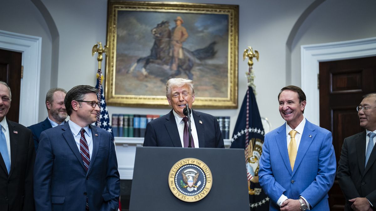 Washington, DC - March 24 : President Donald J Trump, flanked by Speaker of the House Mike Johnson (R-LA), Louisiana Governor Jeff Landry, and Hyundai Chairman Euisun Chung, speaks while announcing Hyundai will invest in U.S. manufacturing and steel factory in Louisiana, at the White House on Monday, March 24, 2025 in Washington, DC. (Photo by Jabin Botsford/The Washington Post via Getty Images)