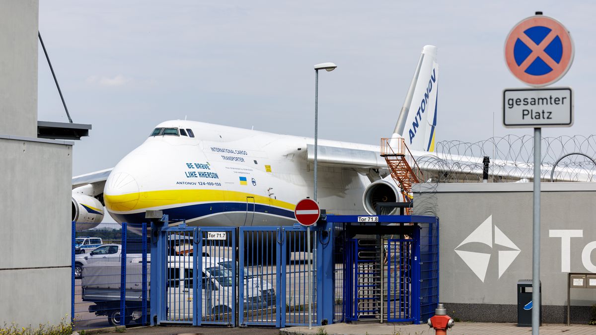 LEIPZIG, GERMANY - AUGUST 5: A Ukrainian Antonov cargo plane stands at Leipzig/Halle Airport on August 5, 2026 near Leipzig, Germany. Airport workers reportedly discovered a drone yesterday on the tarmac near an Antonov at the airport that was equipped with an explosives detonator and an unidentified substance. Additionally, a DHL cargo plane that took off from the airport late last night collided with a small object, causing minor damage. (Photo by Jens Schlueter/Getty Images)