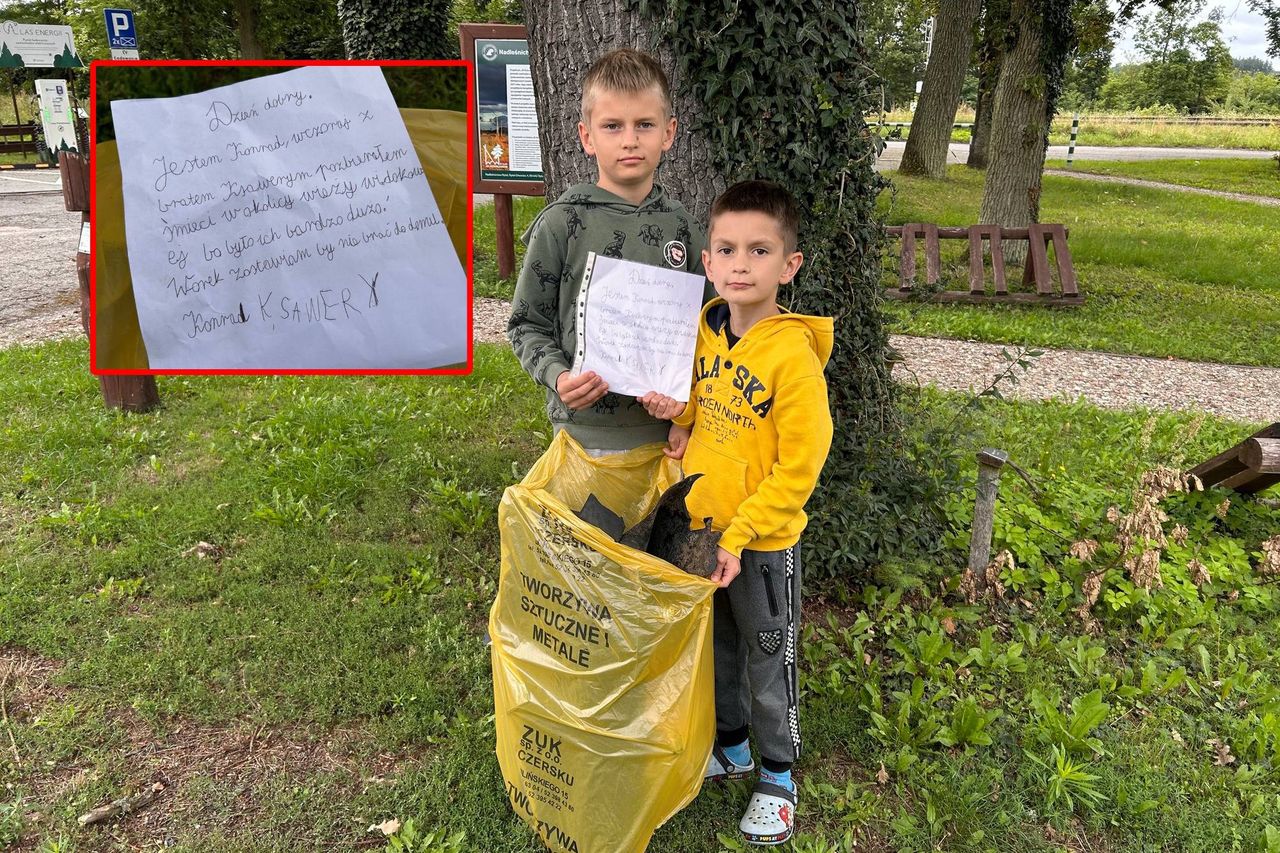 Byli z tatą w lesie. Zobaczyli śmieci i zostawili kartkę