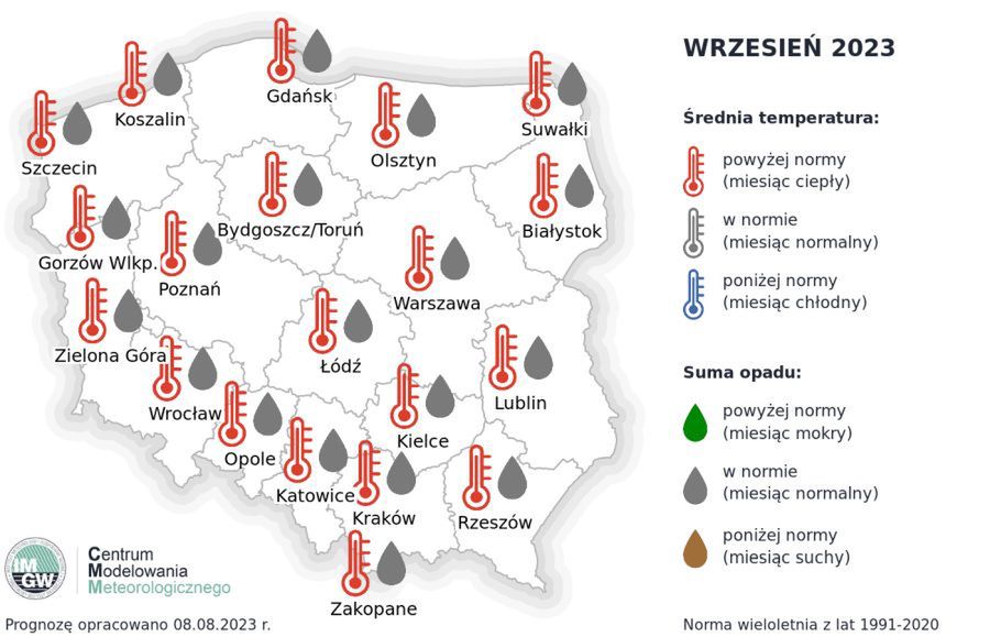 Prognoza średniej temperatury powietrza i sumy opadu na wrzesień 2023 r. według CMM IMGW-PIB dla Polski