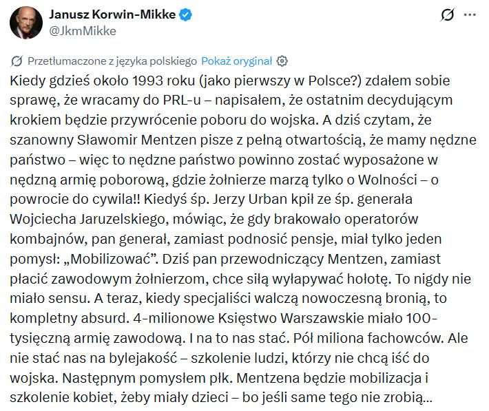 Janusz Korwin-Mikke odpowiada Sławomirowi Mentzenowi