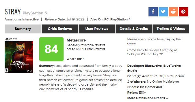 Stray, oceny na portalu Metacritic