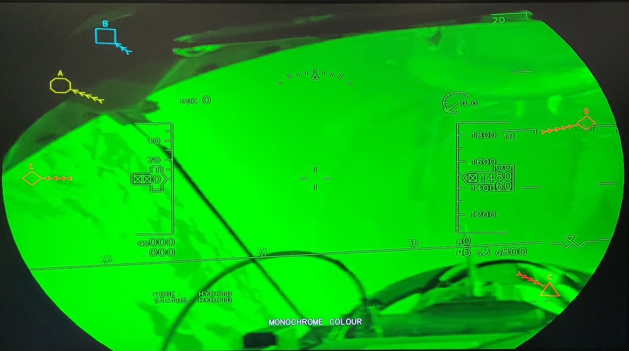 Obraz z systemu noktowizji pochodzi z kamery zamontowanej na hełmie i jest wyświetlany na wizjerze systemu Striker II bez konieczności stosowania mocowanych na hełmie dodatkowo gogli noktowizyjnych. Na zdjęciu wizualizacja obrazu w trybie czarno-zielonym – jak w typowych goglach noktowizyjnych.