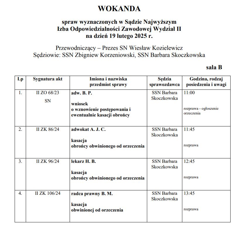 Wokanda spraw wyznaczonych w Sądzie Najwyższym z 19 lutego 2025