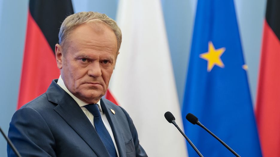 WARSAW, MAZOWIECKIE, POLAND - 2025/05/07: Polish Prime Minister Donald Tusk speaks during a joint press conference with newly elected German Chancellor Friedrich Merz during his visit to Poland on the Chancellor's first day in office for a bilateral meeting at the Polish Prime Minister's Chancellery on Ujazdowska Street. (Photo by Dominika Zarzycka/SOPA Images/LightRocket via Getty Images)