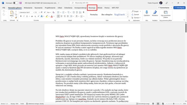Microsoft Word: menu Recenzja