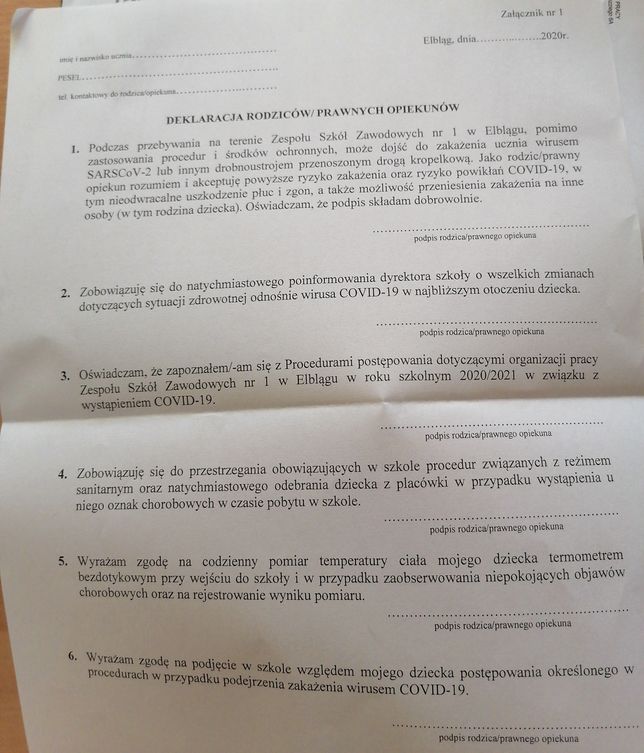 Powrót do szkoły. Takie pismo otrzymali rodzice i opiekunowie uczniów Zespołu Szkół Zawodowych nr 1 w Elblągu 