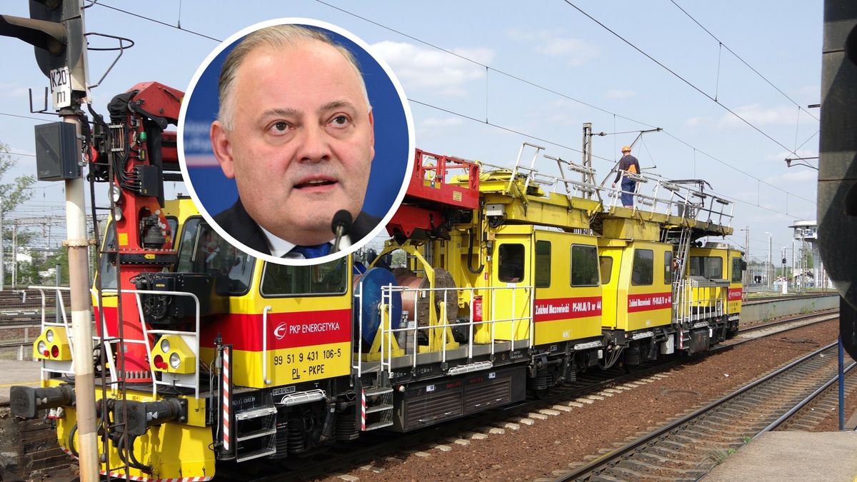 Na zdjęciu wagon PKP Energetyka i na łożona na niego twarz presea PGE Wojciecha Dąbrowskiego
