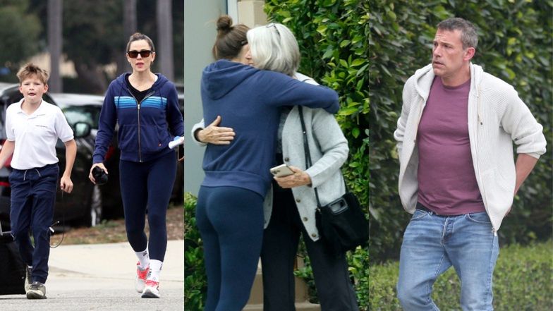 Family gathering outside the school of Ben Affleck and Jennifer Garner's son