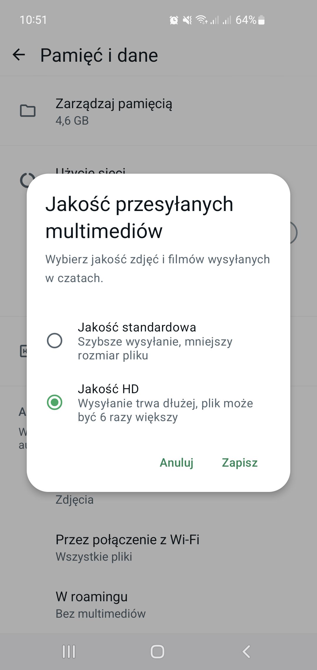 WhatsApp - ustawienia jakości zdjęć i filmów