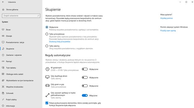 Ustawienia trybu skupienia w Windows 10 19H1.