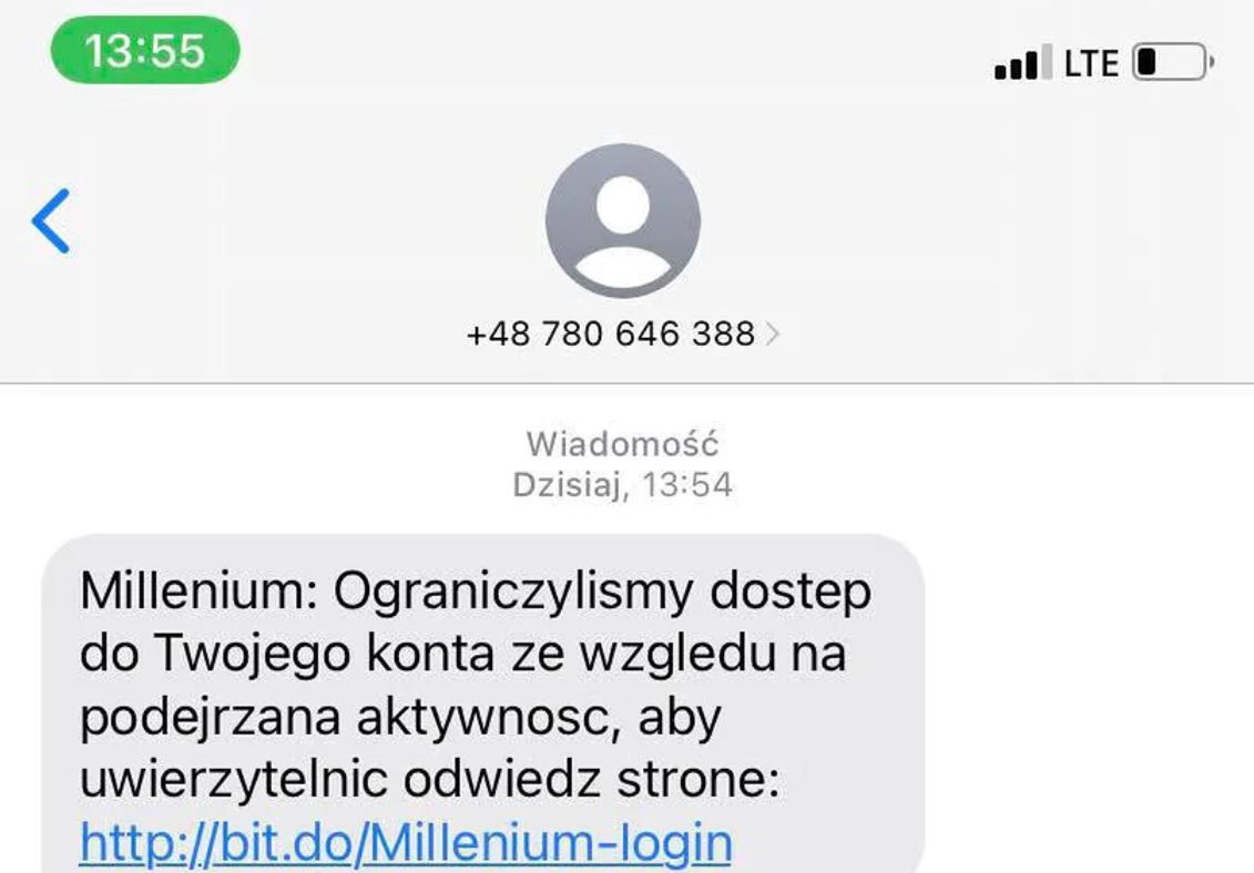 Fałszywy SMS podszywający się pod wizerunek Banku Millenium