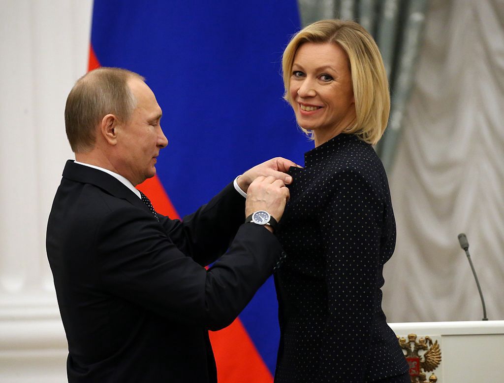 Russian President Vladimir PutinMOSCOW, RUSSIA - JANUARY 26: (RUSSIA OUT)  Russian President Vladimir Putin (L) gives the Order of Friendship to Foreign Ministry Spokesman Maria Zakharova (R) during an award ceremony at St. Catherine Hall of the Kremlin January 26, 2017 in Moscow, Russia. Putin has awarded three dozen people during the ceremony. (Photo by Mikhail Svetlov/Getty Images)Mikhail SvetlovVladmir Putin