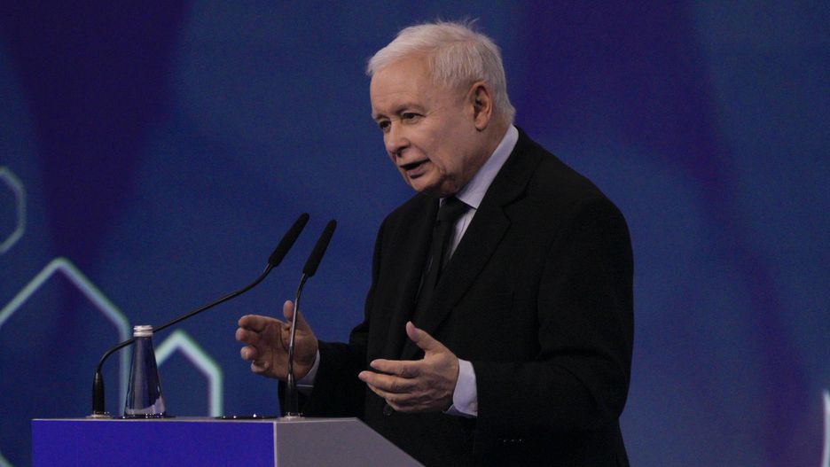 Party leader and de facto government leader Jaroslaw Kaczynski is seen speaking at the Law and Justice convention on 13 May, 2023 in Warsaw, Poland. Kaczynski announced a significant increase in child benefits, toll-free roads and free medication for children and seniors if they win this fall's parliamentary elections. Businessleaders have criticized the idea after previous increases in benefits are said to have contributed to rampant inflation figures. (Photo by Jaap Arriens/NurPhoto via Getty Images)