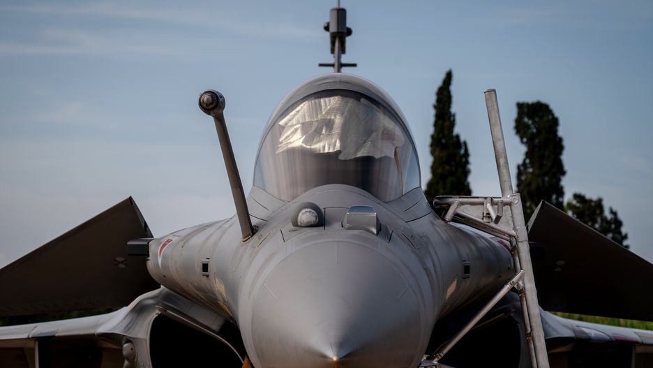 A French Air Force Rafale aircraft during flight preparations at the Ramstein Flag 24 North Atlantic Treaty Organization (NATO) military air defense training exercise, at Andravida Airbase near Andravida, Greece, on Thursday, Oct. 10, 2024. Ramstein Flag 24 is a new NATO 'flag series' exercise which will bring together 4th/5th gen fighter jets from 13 Allies, Naval and Land forces to train on sophisticated high-end air defence tactics. Photographer: Hilary Swift/Bloomberg via Getty Images